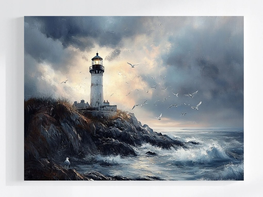 Vászonkép Canvas Tájkép Tenger Hullámok Tengerpart Sirály Világítótorony 100x75