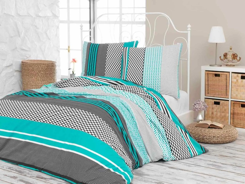 Lipsko türkiz flanel ágyneműhuzat 200x140cm+90x70cm TiaHome