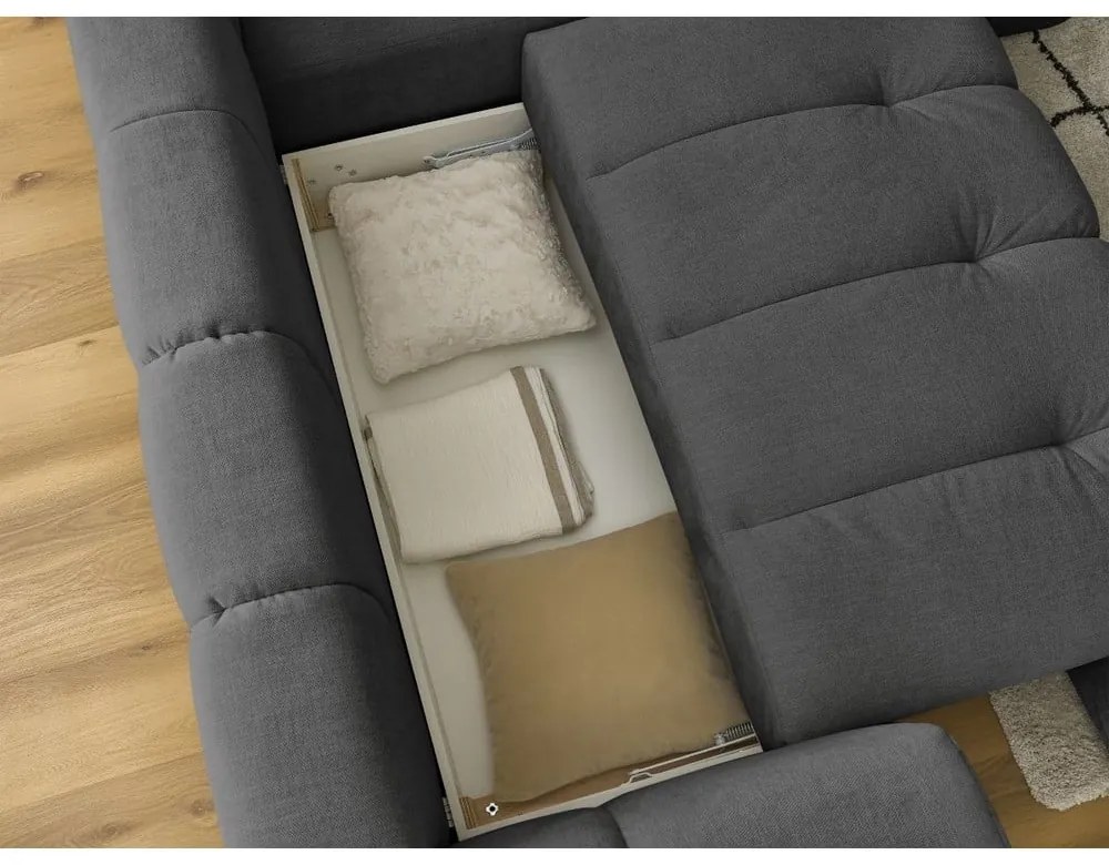 Sötétszürke kinyitható-tárolóhelyes sarokkanapé (jobb oldali-L alakú) Fuji – Bobochic Paris