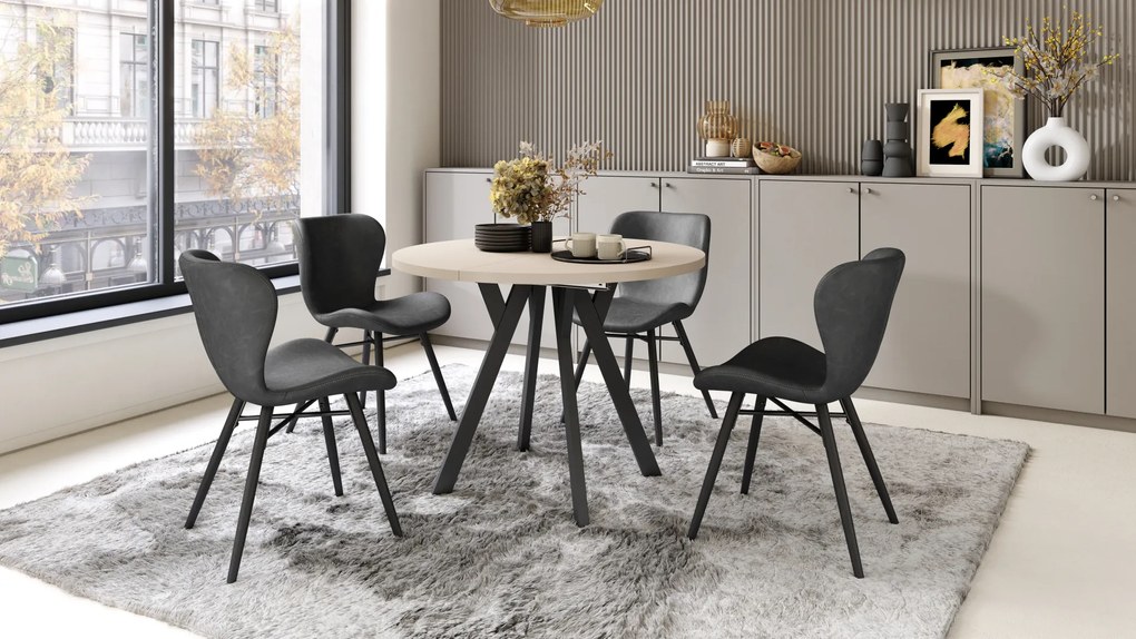 Mazzoni ALMO Bézs/fekete lábak - BŐVÍTHETŐ KEREK ASZTAL Y ALAKÚ LÁBAKKAL LOFT/IPARI STÍLUSÚ NAPPALIBA/ÉTKEZŐBE