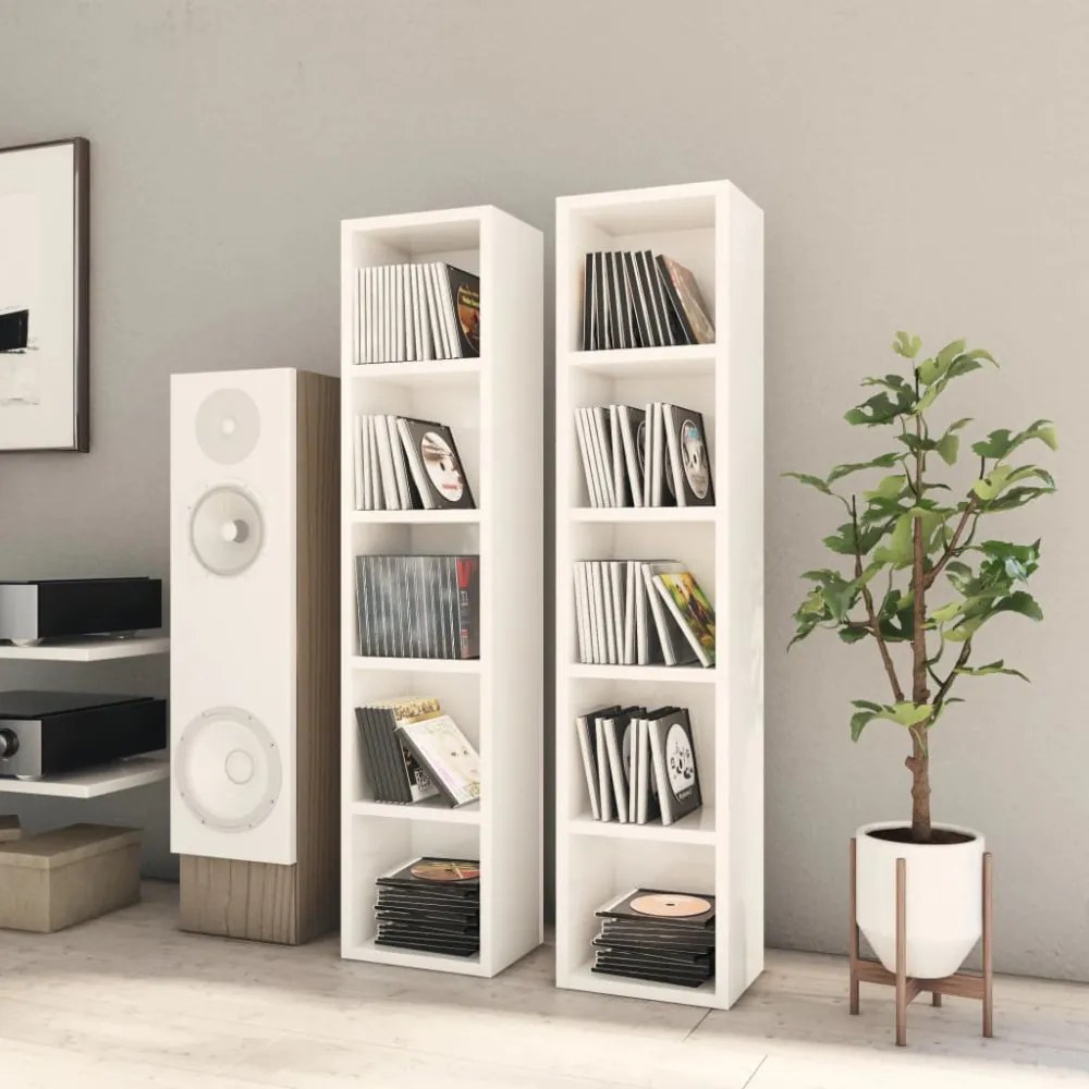 2 db magasfényű fehér forgácslap CD-szekrény 21 x 16 x 93,5 cm