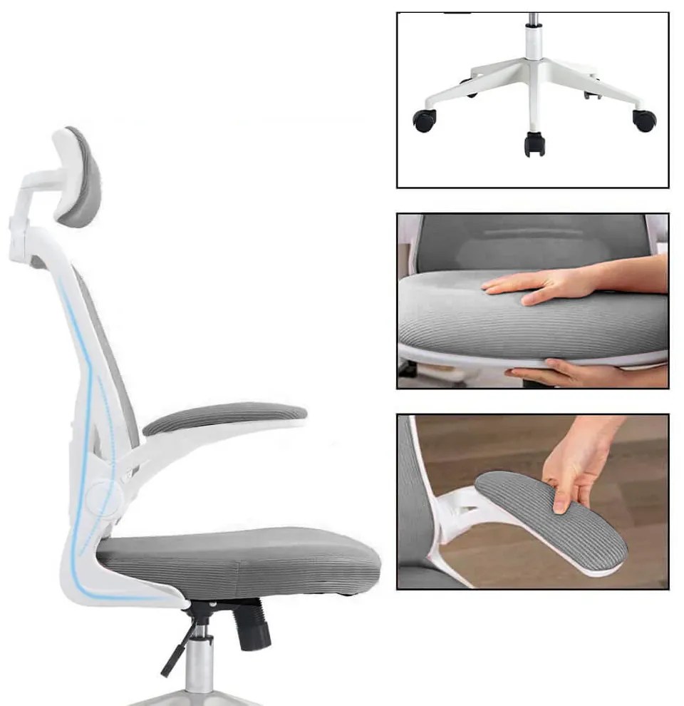 Ergonomikus irodai szék deréktámasszal, fejtámlával, szürke