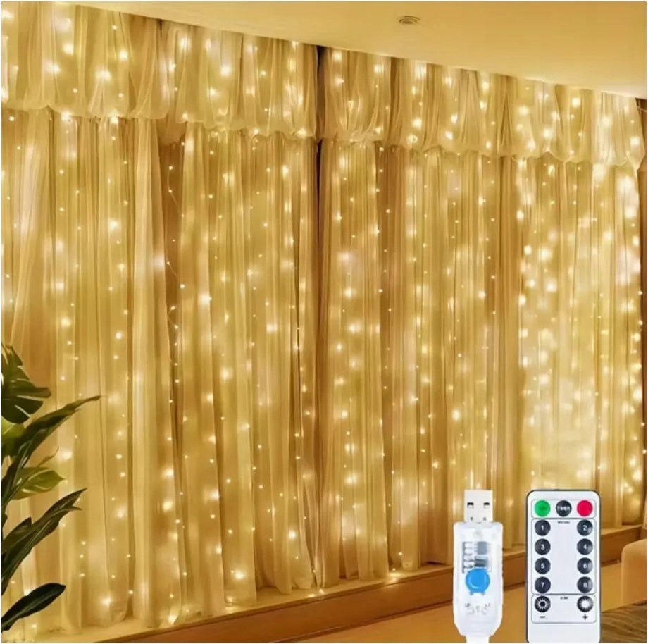 Led függöny 3x3 m /távirányítóval vezérelhető meleg fény