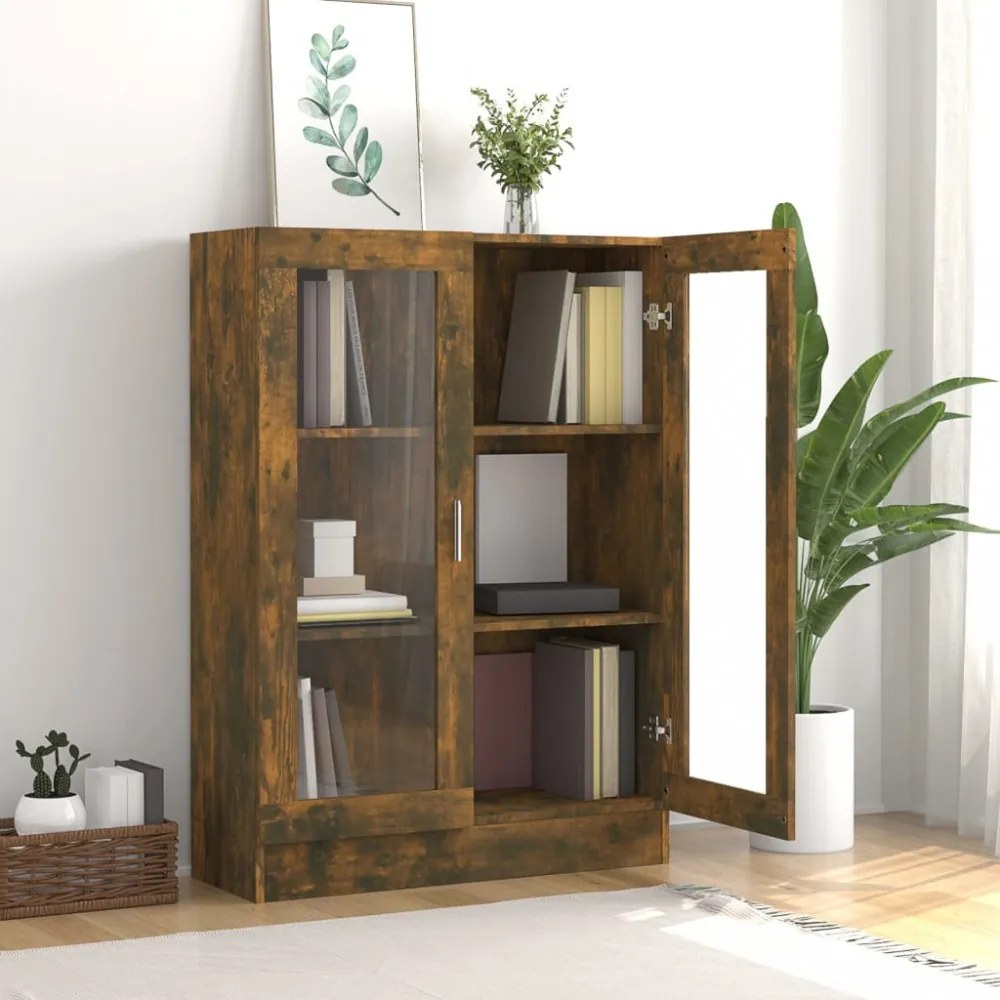 füstös tölgyszínű szerelt fa vitrinszekrény 82,5x30,5x115 cm