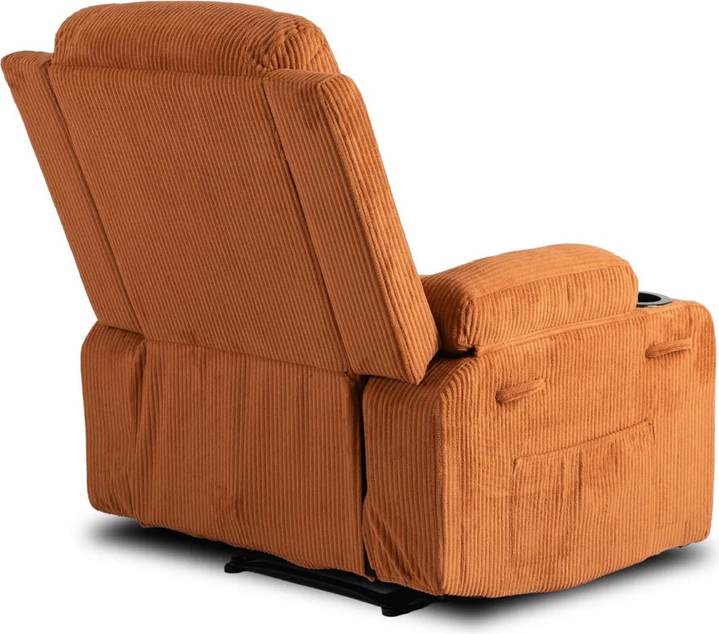 Masszírozós dönthető fotel vörösesbarna színben, kordbársony kárpittal BOX