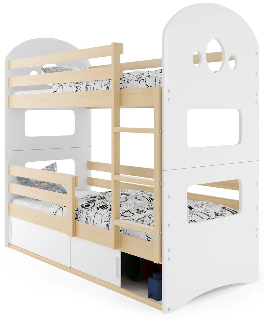Emeletes ágy 80 x 190 cm Domur (fenyő + fehér) (ágyrácsokkal és tárolóhellyel). Akció -29%. 1056535