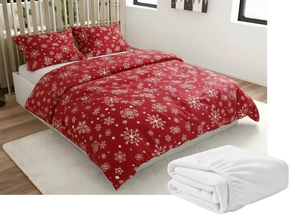 Mikroplüss ágyneműhuzat SNOWFALL piros + mikroplüss lepedő SOFT 90x200 cm fehér, egyszemélyes ágyhoz