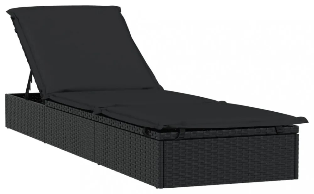 1 db fekete polyrattan napozóágy párnával 201 x 55 x 62 cm