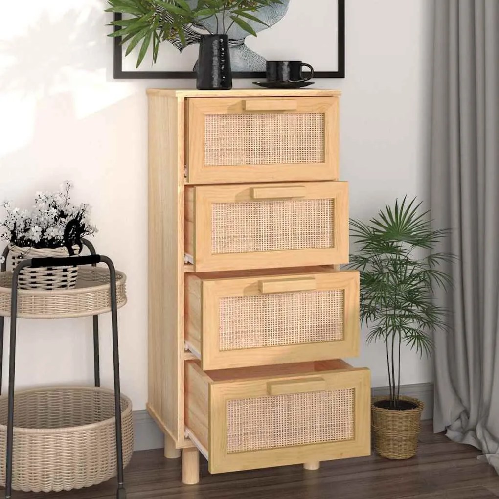 barna tömör fenyő/természetes rattan tálalószekrény 40x30x90 cm