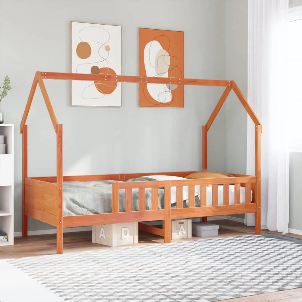 viaszbarna tömör fenyőfa házikó gyerekágykeret 80 x 200 cm