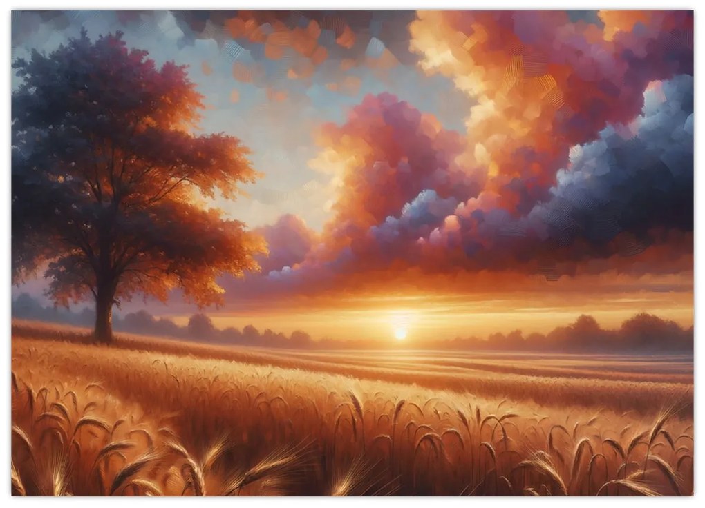 Üveg kép – Naplemente a mezőn (70x50 cm)