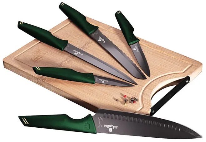6 részes késkészlet bambusz vágódeszkával smaragdzöld Berlinger Haus Emerald Collection