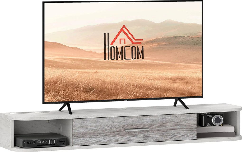 HOMCOM Felfüggeszthető TV Állvány 2 Nyitott Polccal és Leemelő Szekrénnyel, Fából Készült TV Szekrény, 120x26x16 cm, Fehér és Szürke | Aosom