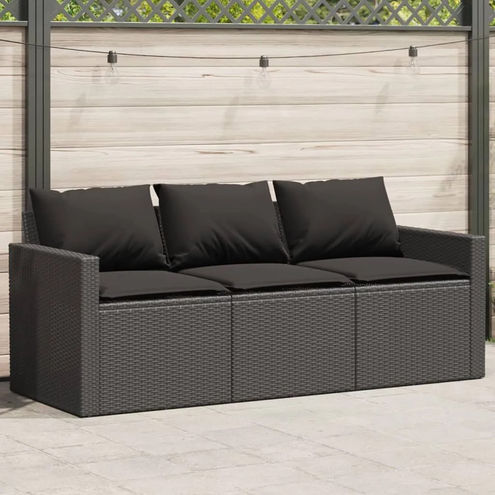 Fekete 3 személyes polyrattan kerti kanapé párnákkal