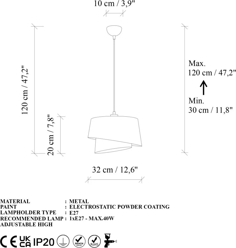 Stage 14704 fehér fém és szövet függőlámpa, Ø32 cm