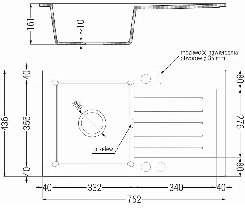 Mexen Pablo, gránit mosogató 752x436x161 mm, 1 kamrás és fekete Telma csaptelep, szürke, 6510-71-670200-70