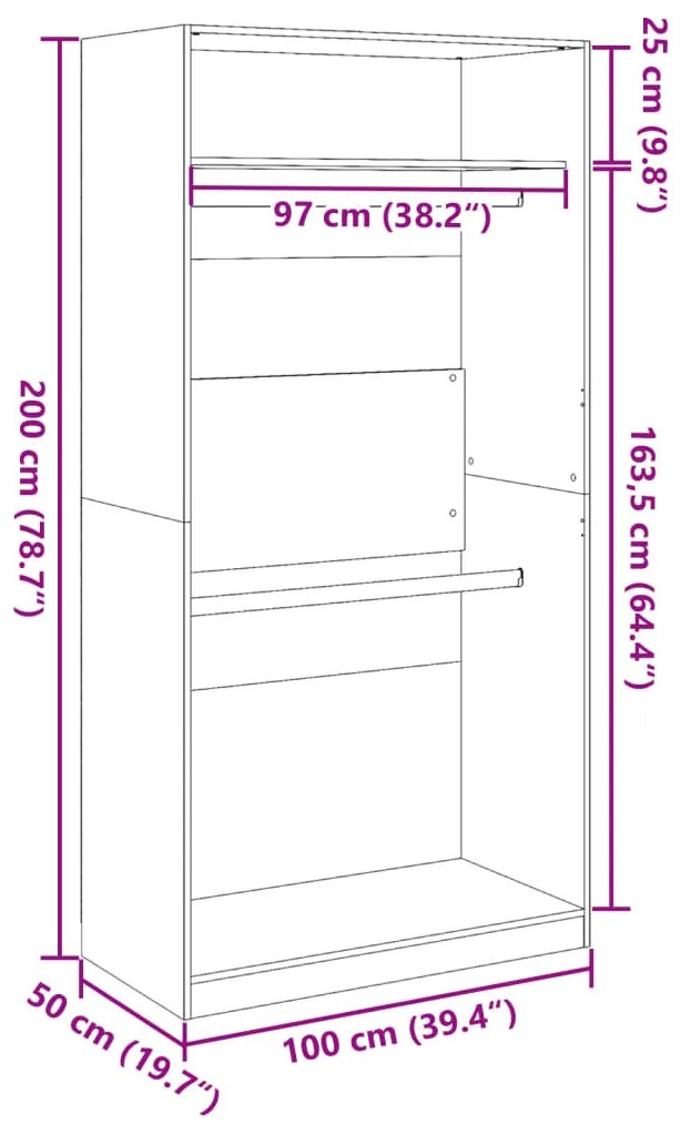 vidaXL fekete szerelt fa ruhásszekrény 100 x 50 x 200 cm