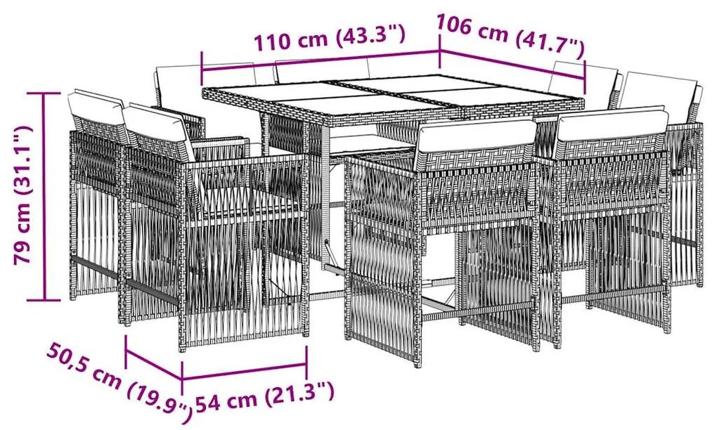 9 részes szürke polyrattan kerti étkezőgarnitúra párnával