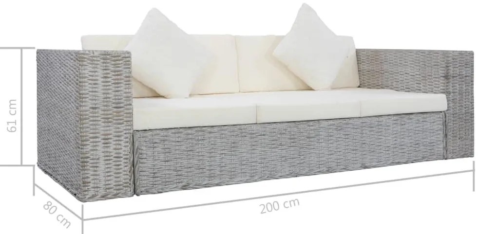 3 személyes szürke természetes rattan kanapé párnával