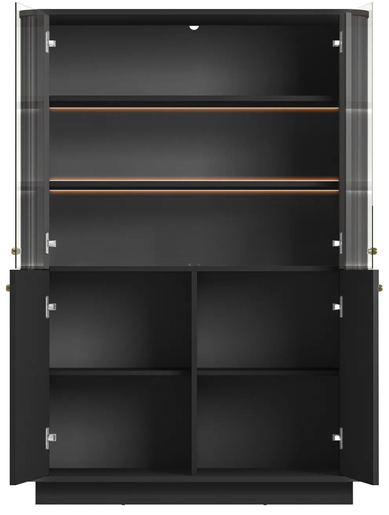 Vesper négyajtós vitrines szekrény 103 cm talpazaton - fekete / arany fogantyúk