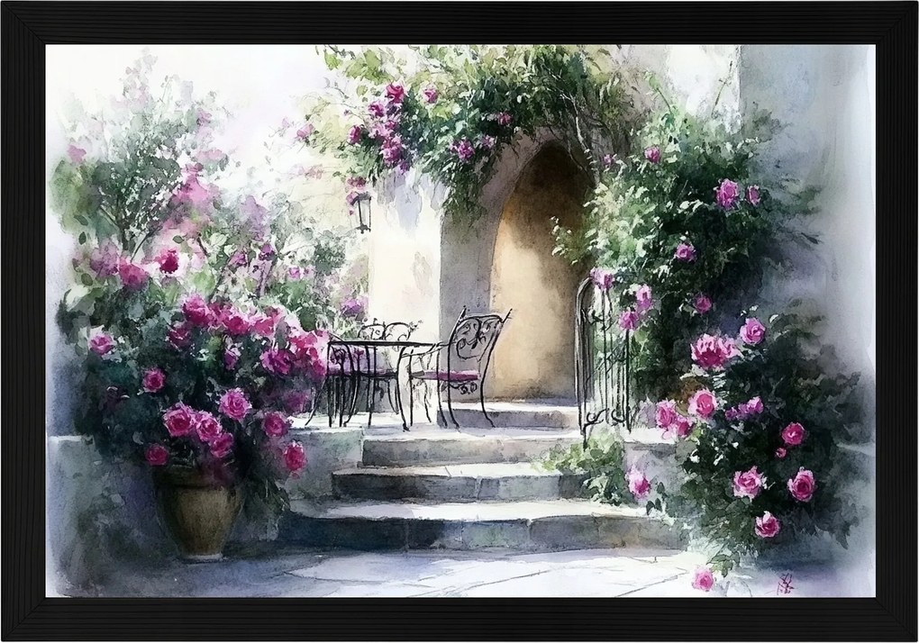 Poszter Keret Fa Ház Terasz Kert Lépcső Virágok Rózsák Nyár 60x40