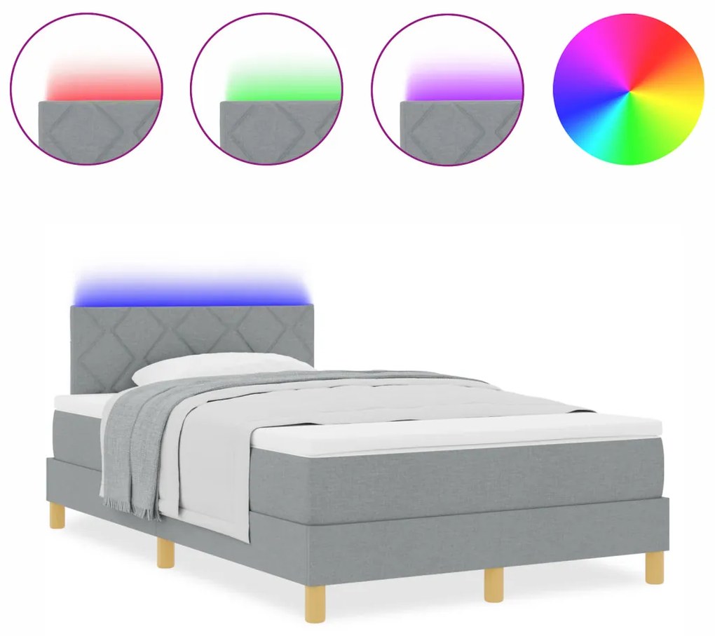 Boxspring Ágy matraccal és LED világítással világosszürke 120x200 cm szövet