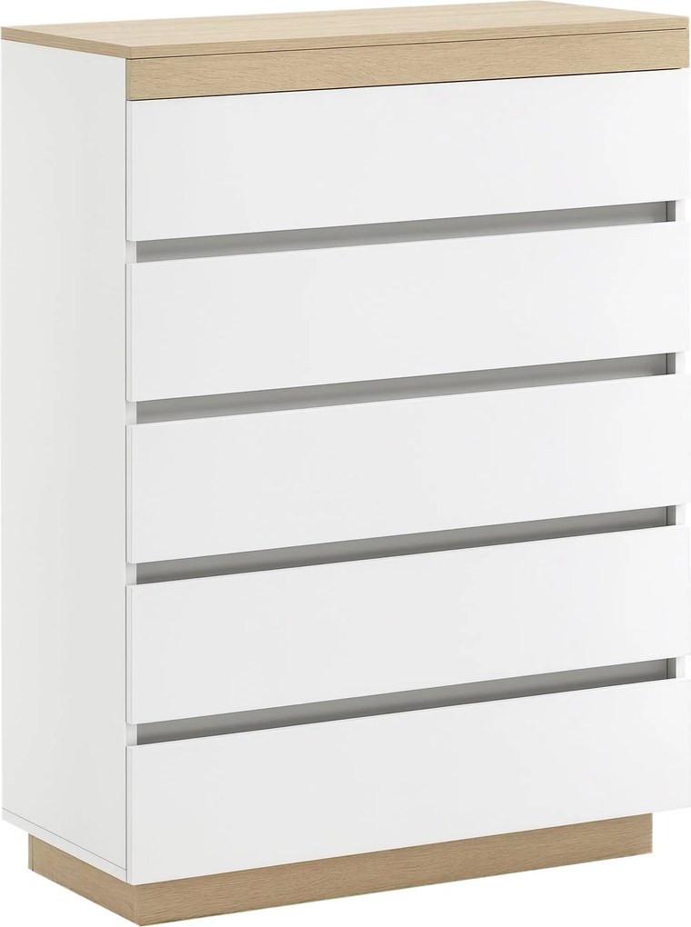 HOMCOM 5-Fiókos Fa Komód, Hálószobai Komód Antitipmechanizmussal, 80x40x109 cm, Fehér és Tölgy | Aosom