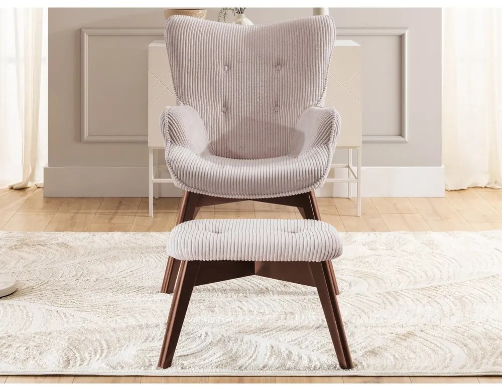 Világos rózsaszín kordbársony fotel lábtartóval Niko – Ropez