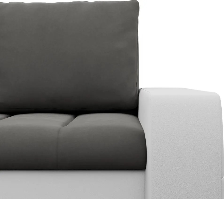 Toronto sarokkanapé, 2 ágyneműtartóval, bársony + műbőr, jobboldali, szürke - fehér