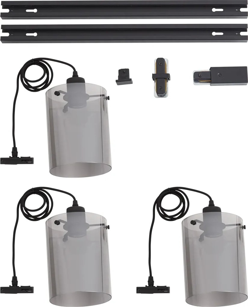 Modern railsysteem zwart met 3 hanglampen van smoke glas 1-fase - Iconic Dome