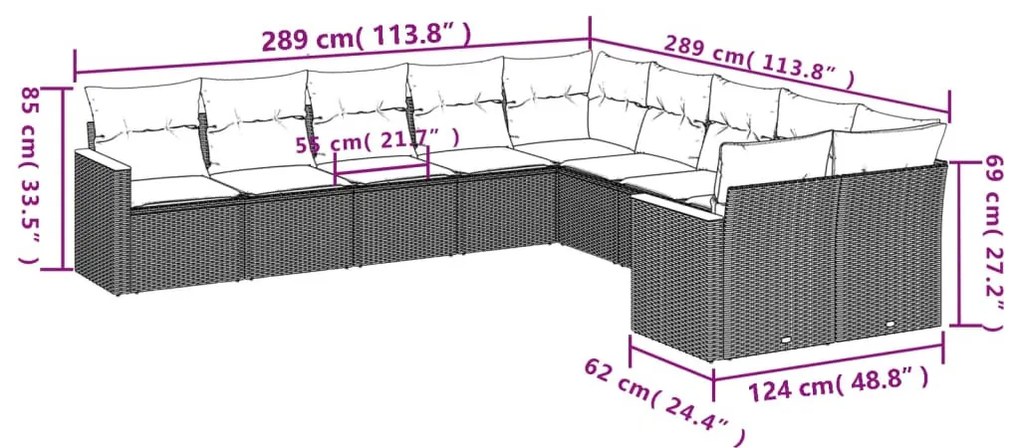 10 részes szürke polyrattan kerti ülőgarnitúra párnákkal