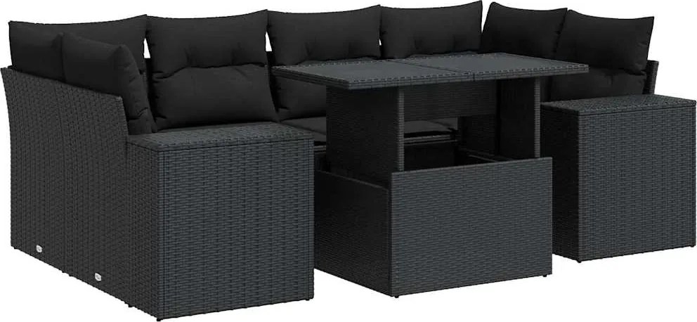 vidaXL 7 részes fekete polyrattan kerti ülőgarnitúra párnával