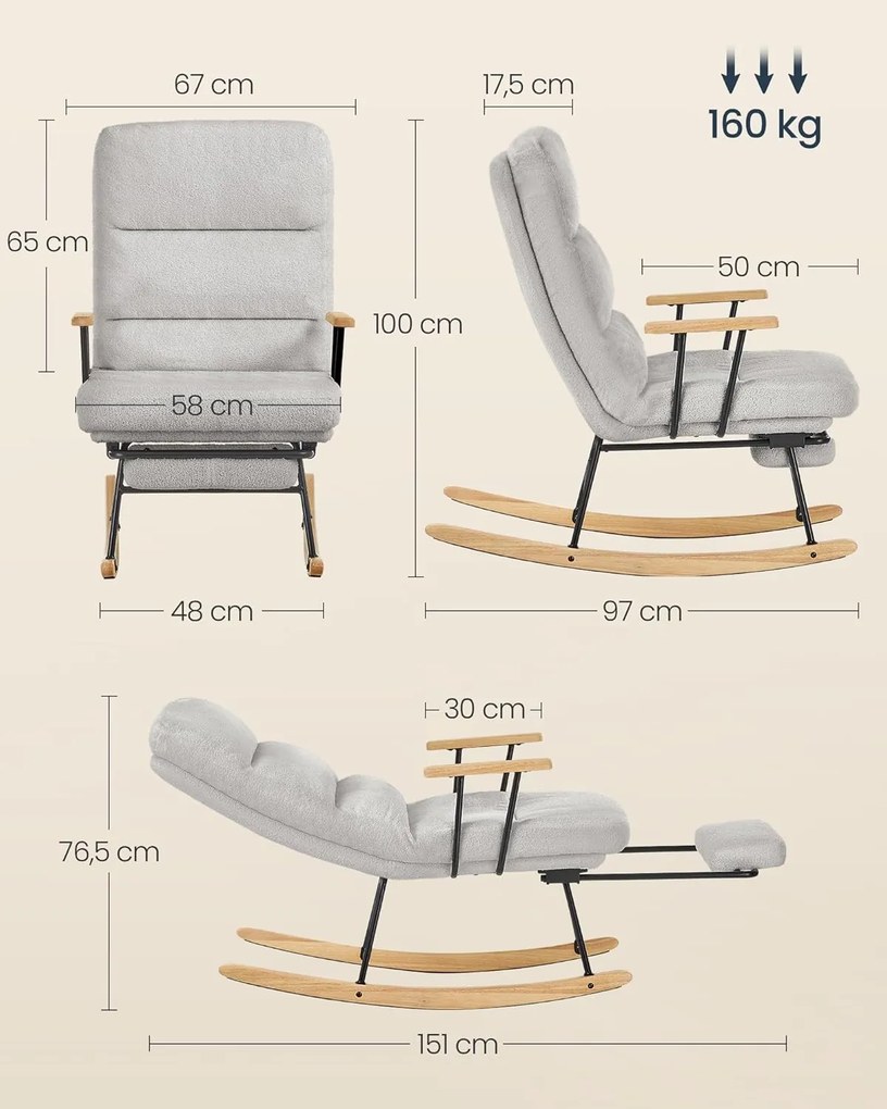 Hintaszék fa lábakkal, plüss szövettel, 4 fokozatban állítható háttámlával, Szürke színben
