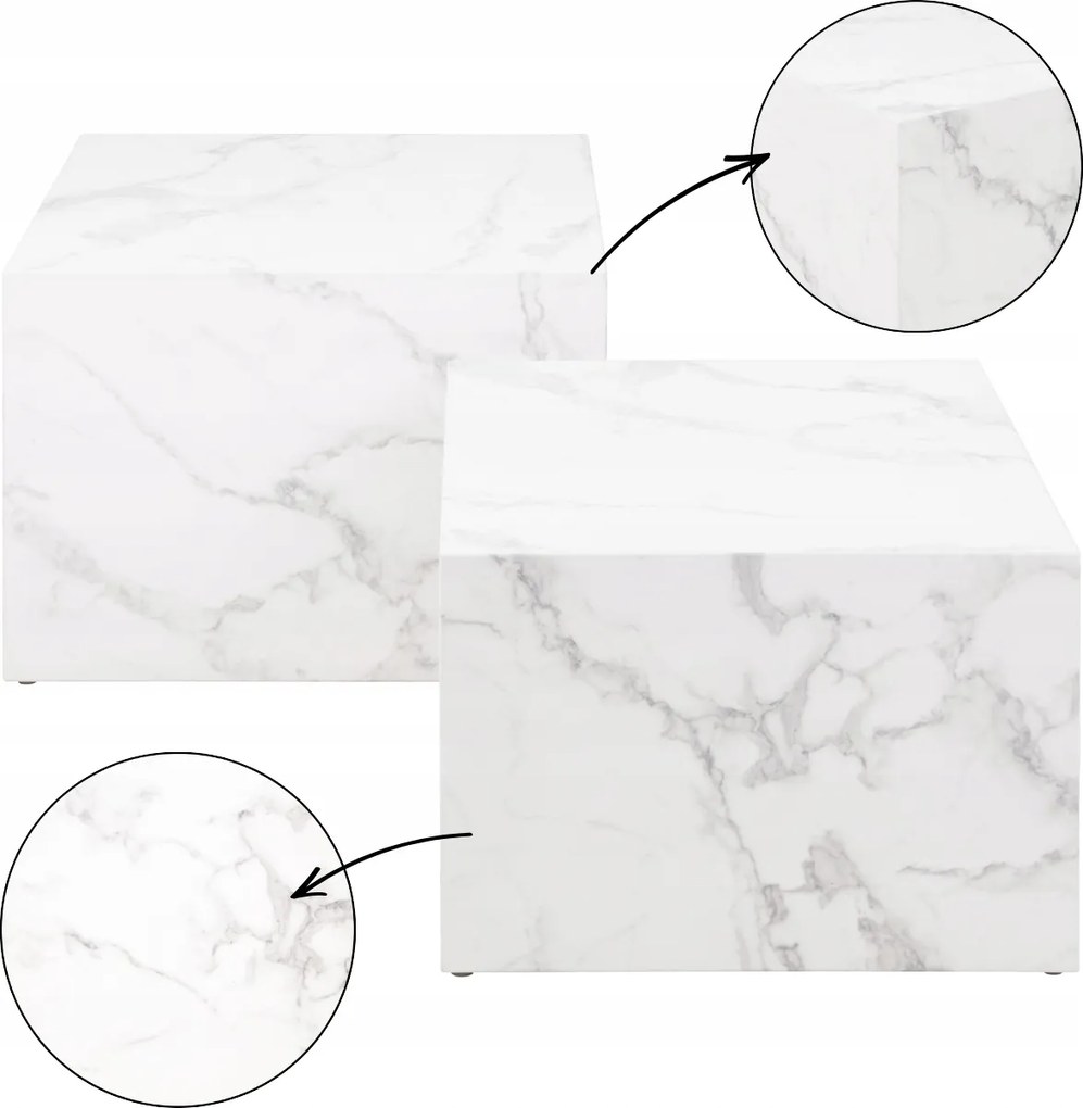 2 Db-os Négyzet Alakú Dohányzóasztal Szett modern fehér márvány utánzat