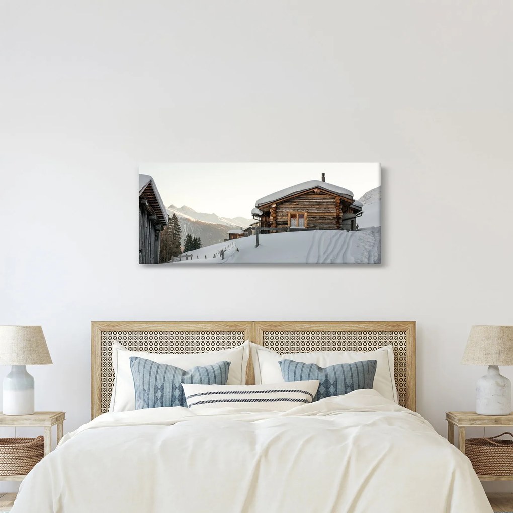 Kép - hegyi kunyhó a hóban (120x50 cm)