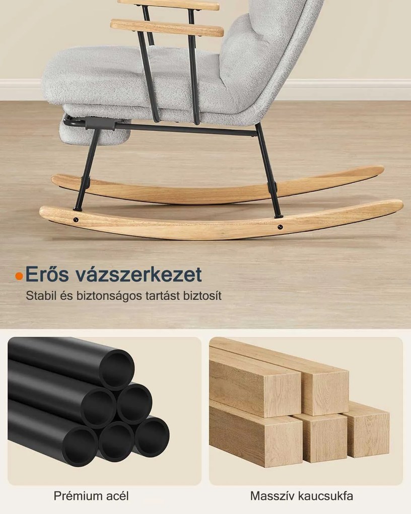 Hintaszék fa lábakkal, plüss szövettel, 4 fokozatban állítható háttámlával, Szürke színben