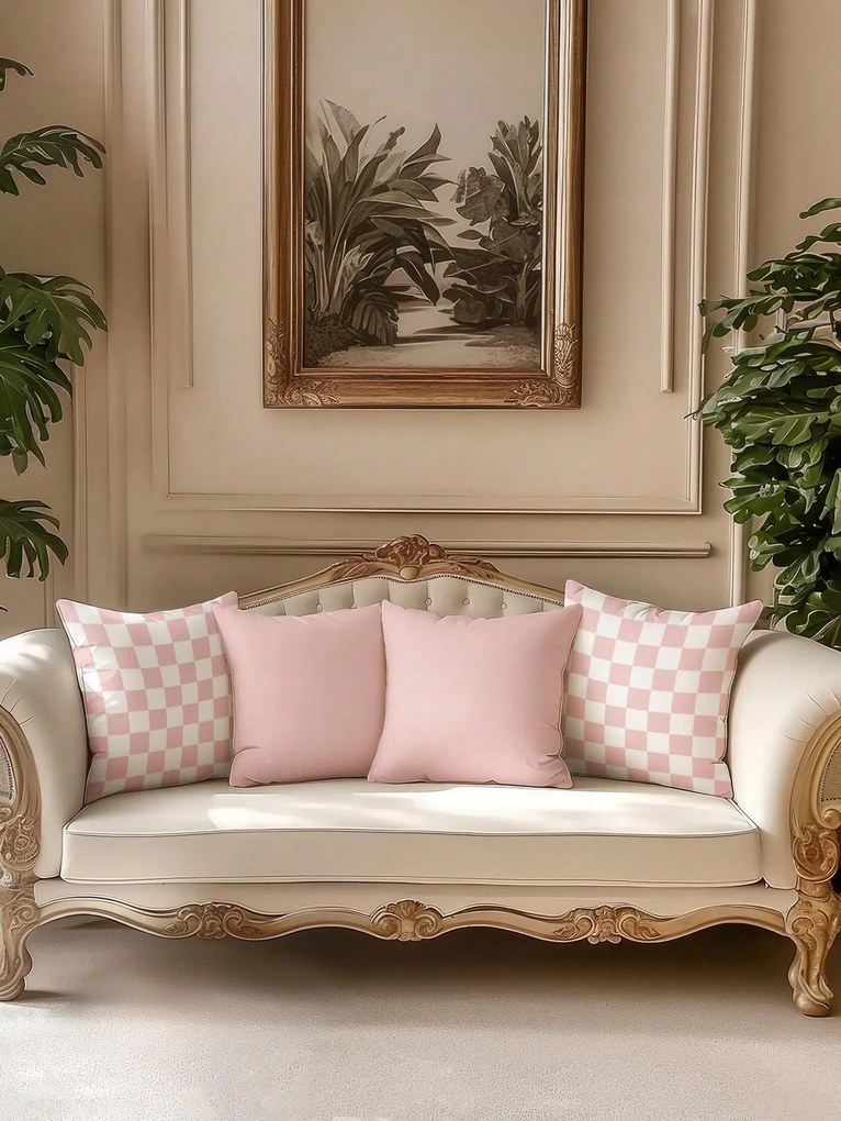 4 Db Rózsaszín-fehér Párnahuzat Sima Kockás Mintás 50X50