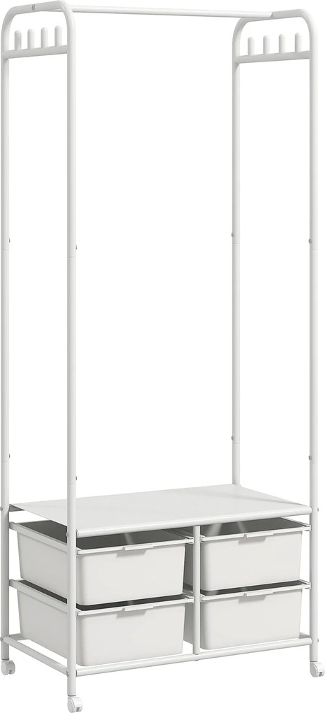 HOMCOM Modern Kabátállvány Cipőtartóval, 8 Akasztóval, 4 Kosárral, Görgős Bejárati Kabátállvány Acél Váz 63x37x153 cm Fehér | Aosom