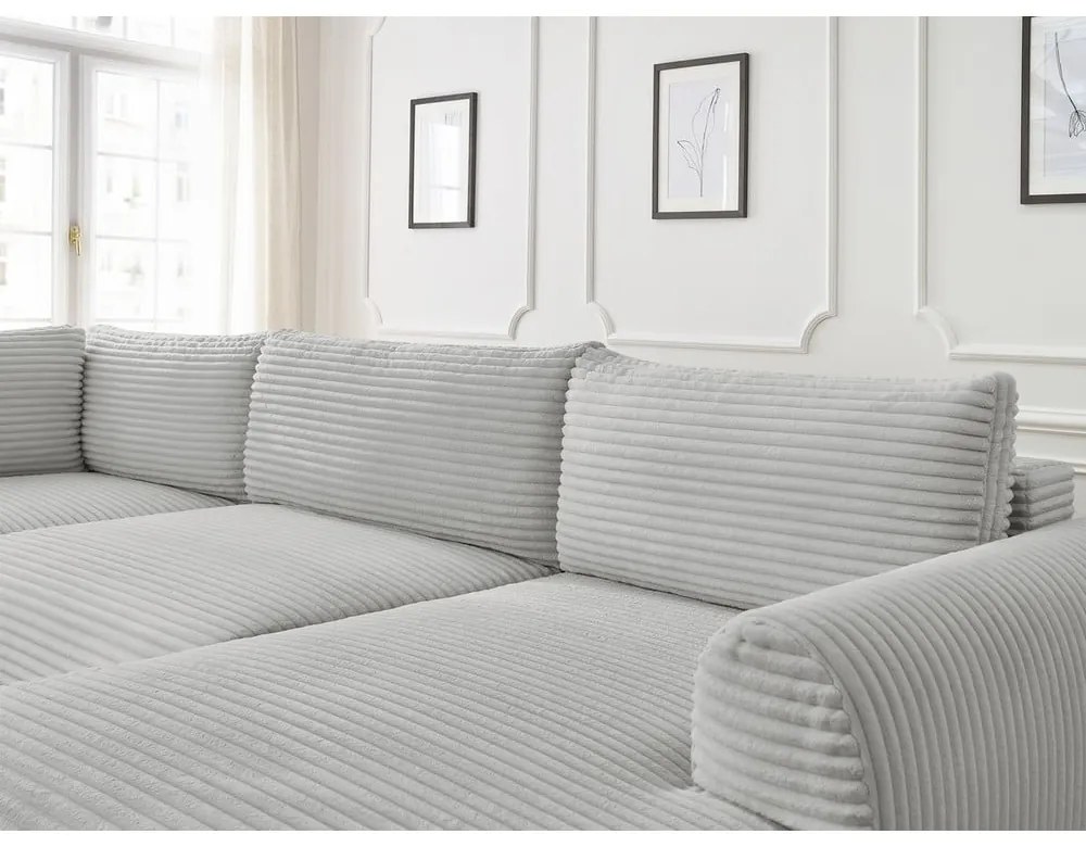 Világosszürke kordbársony kinyitható sarokkanapé (jobb oldali-U alakú) Lucien – Bobochic Paris