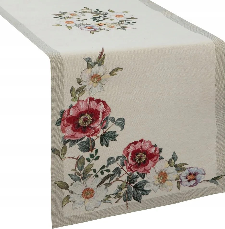 Futópad abrosz dekoratív gobelin 45x140 natúr, kerti virágokkal