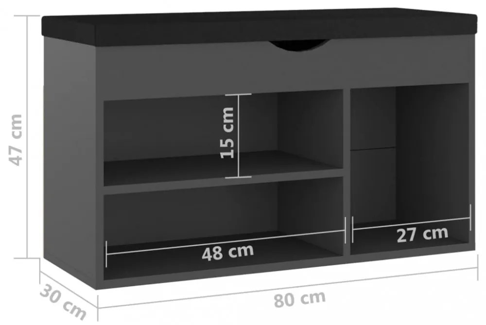 szürke szerelt fa cipőtároló pad párnával 80 x 30 x 47 cm