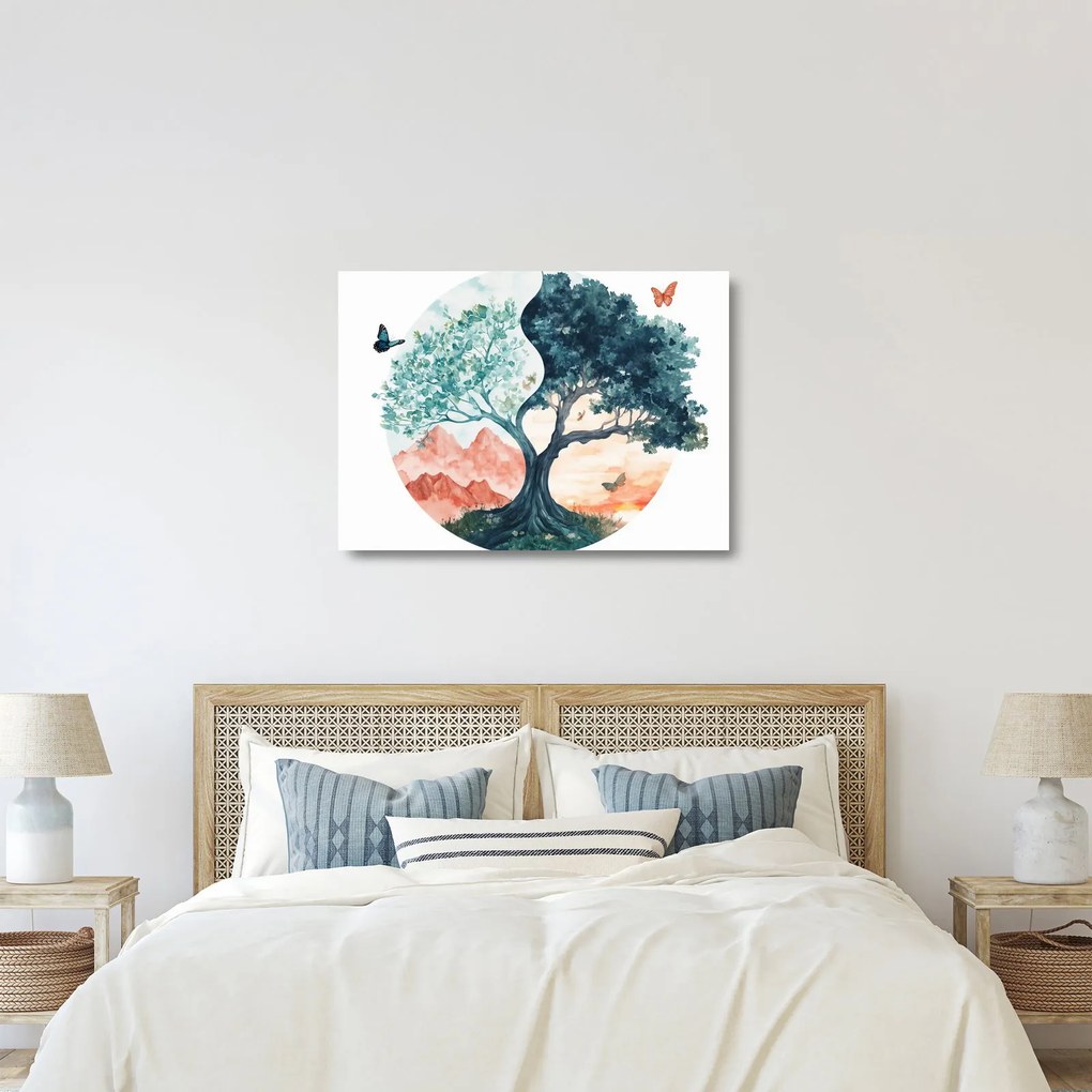 Üveg kép – Akvarellfa tele élettel (70x50 cm)