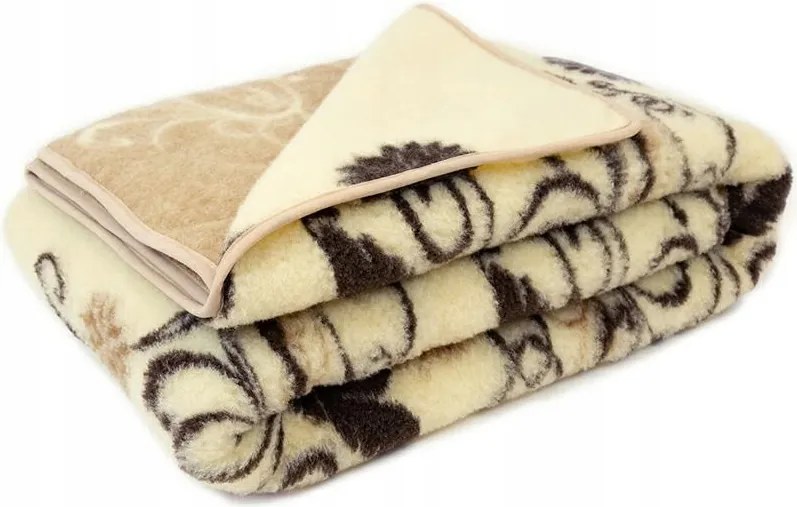 Merinó gyapjú takaró 150x200 Sofio ekrü, barna növényi mintával