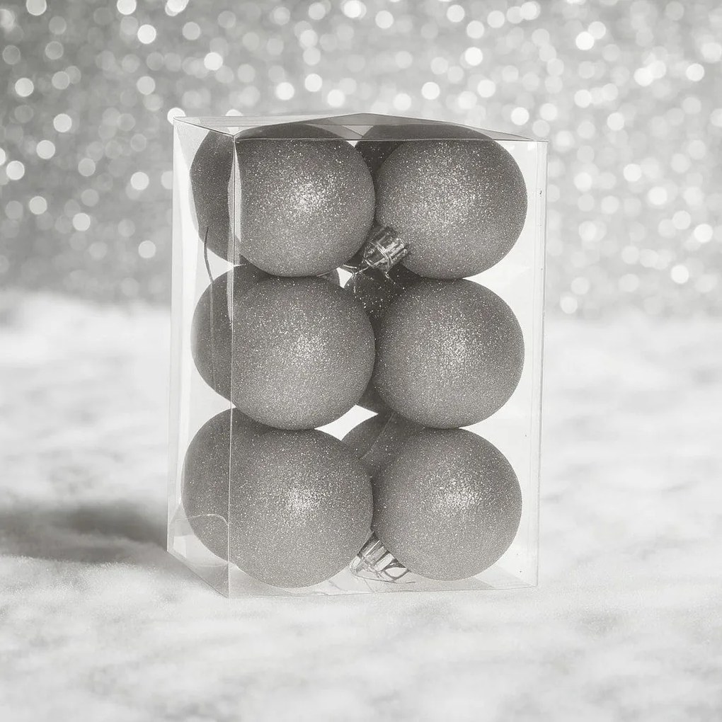 Ezüst glitteres műanyag karácsonyi gömb szett 6 cm 12 db