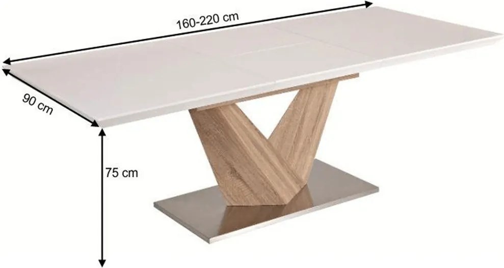Étkezőasztal, nyitható, MDF+acél, fehér extra HG/tölgy sonoma, 160x90 cm, DURMAN