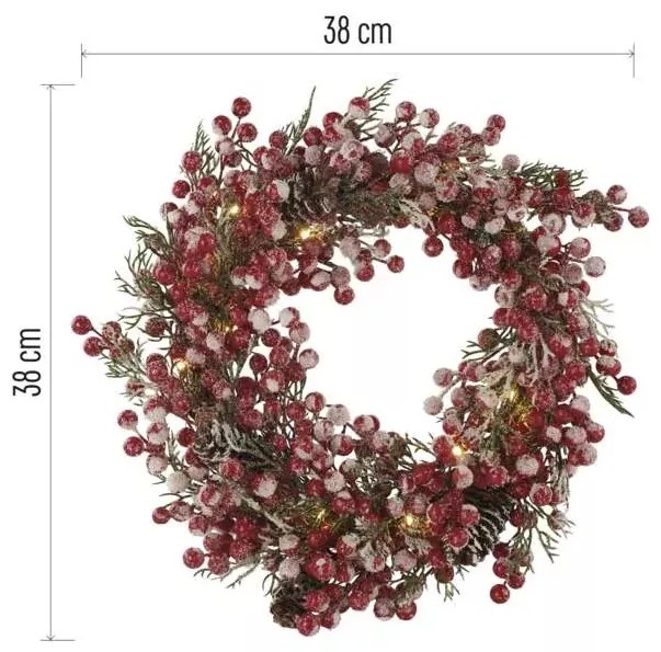 LED díszes karácsonyi koszorú, 38 cm, 3x AA, beltéri, meleg fehér, időzítő