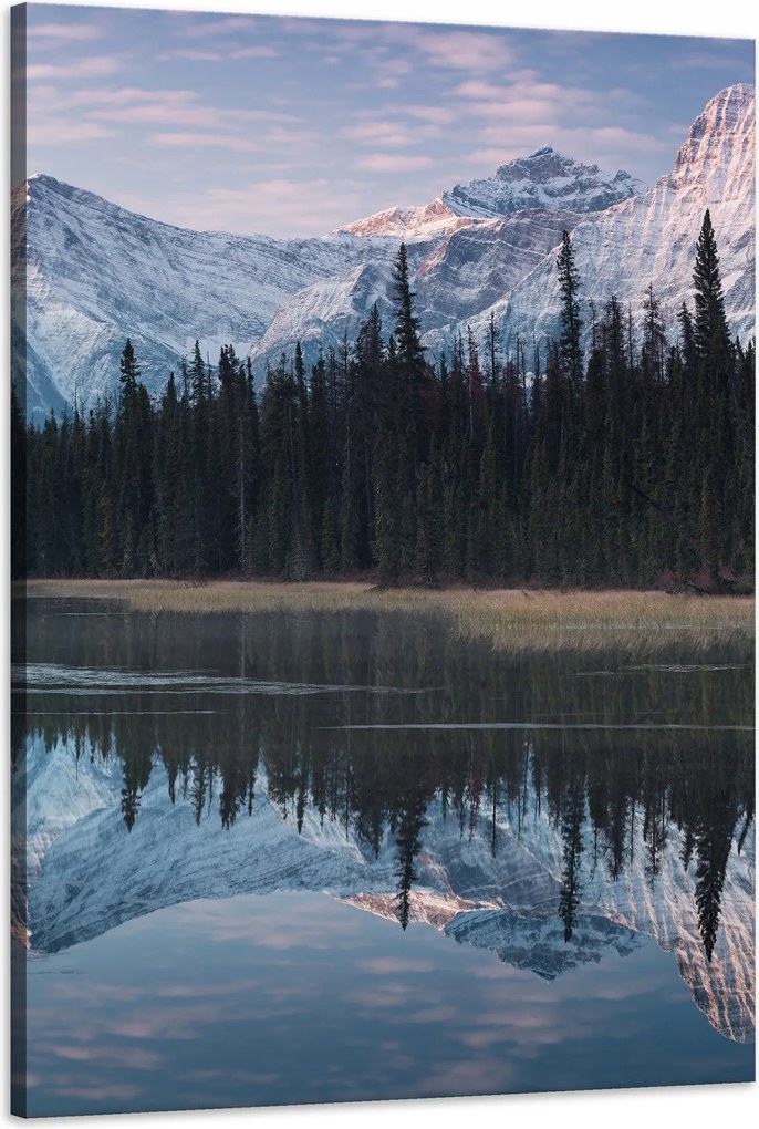 Vászonkép Tópart Víz Erdők Hó hegyek 60x90 cm