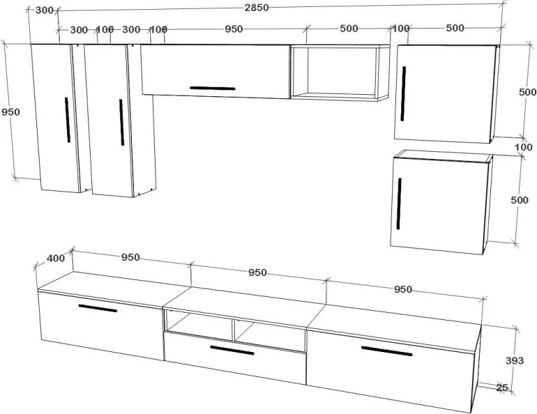 Kos V1 nappali szekrénysor, Fekete / Fényes fehér, MDF, 285 cm