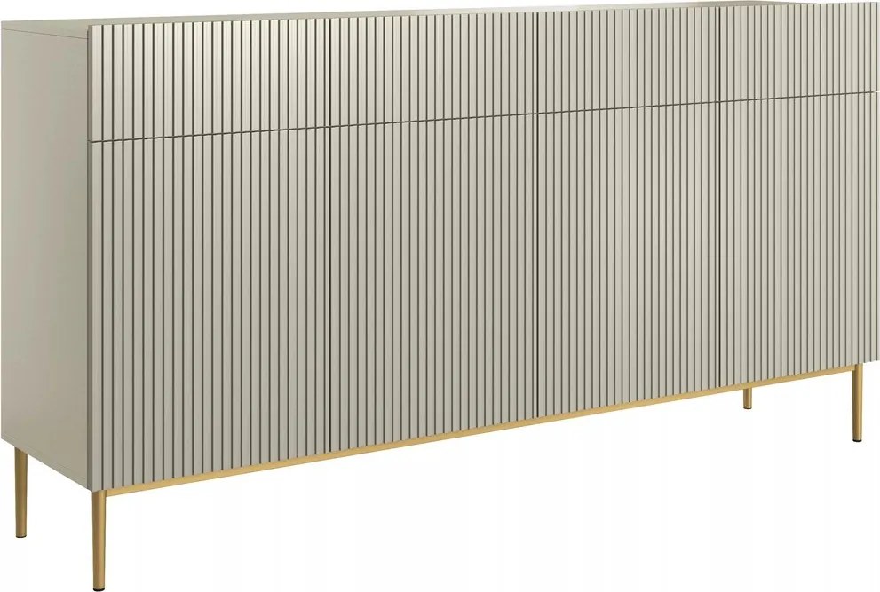 Nicole négyajtós komód 200 cm, fiókos, bordázott előlap - kasmír / arany lábak