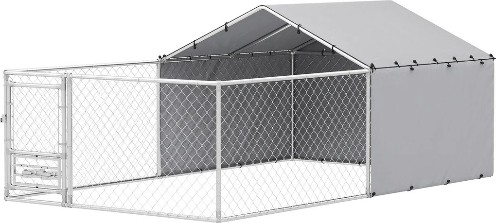 PawHut Kutyakenel UV-álló Vízálló Tetővel és Forgatható Tálakkal, Kutya Kennel Közepes és Nagy Kutyák Számára Acél Zárható Ajtóval, 400x230x150 cm, Ez